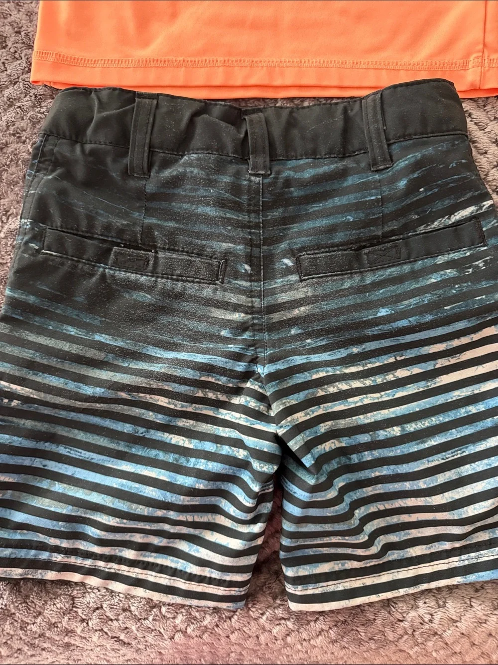 Kids Orange Long-Sleeve Swim Top with Graphic and Black Stripe Swim Trunks